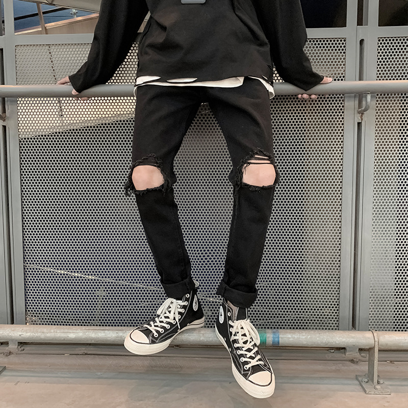 春夏季破洞牛仔裤男潮牌韩版修身小脚潮流潮破乞丐裤黑色九分裤子
