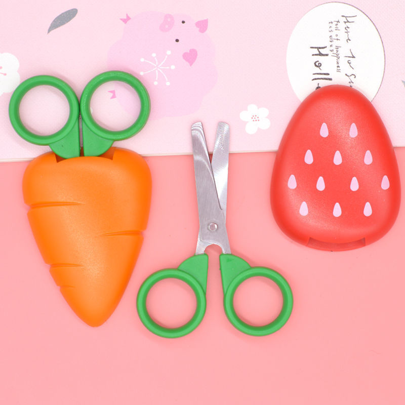 Creative Cute Carrot Safety Scissors Children Paper Cut by Hand round Head with Protective Cover Scissors for Students
