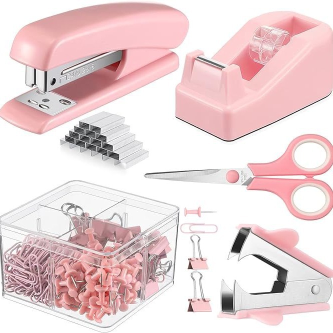 Cross-Border Direct Supply Pink Stationery Set Stapler Tape Seat Nail Puller Paper Clip Long Tail Clip Combination Set