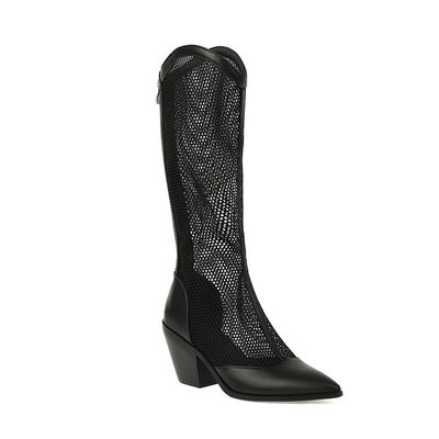 外贸长靴子女夏季天新款透气镂空网纱靴粗跟高跟薄款方头高筒凉靴