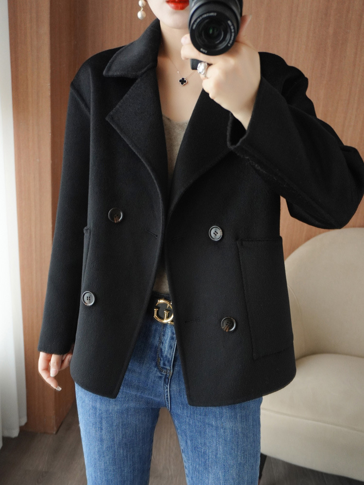 Yue Ou Double Breasted Short Wool Overcoat Women's Clothing Korean Style Autumn and Winter New Double Sided Cotton Woolen Handmade Cardigan Coat