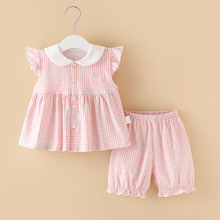 粉色格子女宝宝衣服套装分体两件套夏装女童外出小公主棉婴儿装