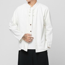 2021中国风秋季新款亚麻衬衫男纯色宽松盘扣休闲立领长袖衬衫上衣