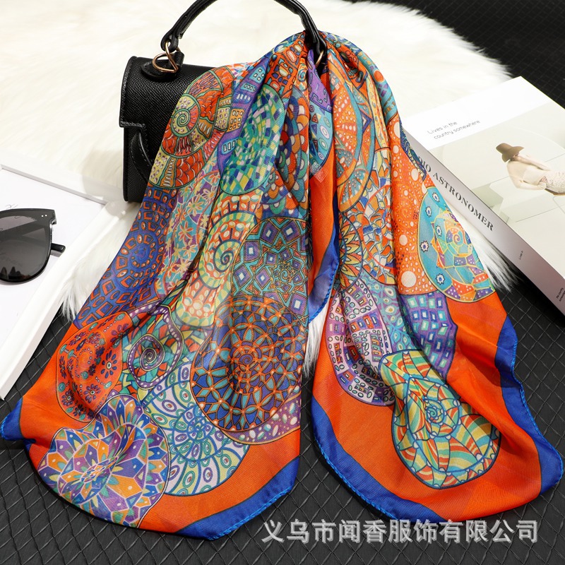 Retro Style Totem Printing Chiffon Small Square Towel Simulation Scarf Female Autumn and Winter Wild Neck Scarf Small Shawl Scarf