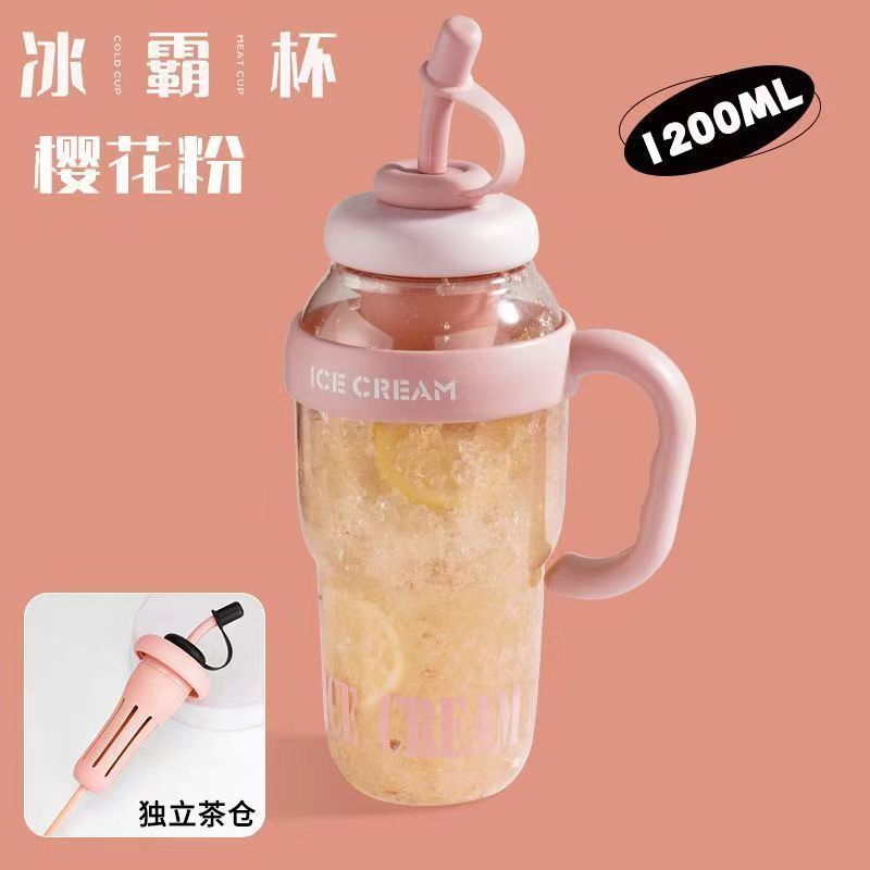 Ins Ice Cream Cup with Handle Large Capacity Water Cup Portable Straw Cup with Tea Warehouse Plastic Cup Tea Brewing Car Cup
