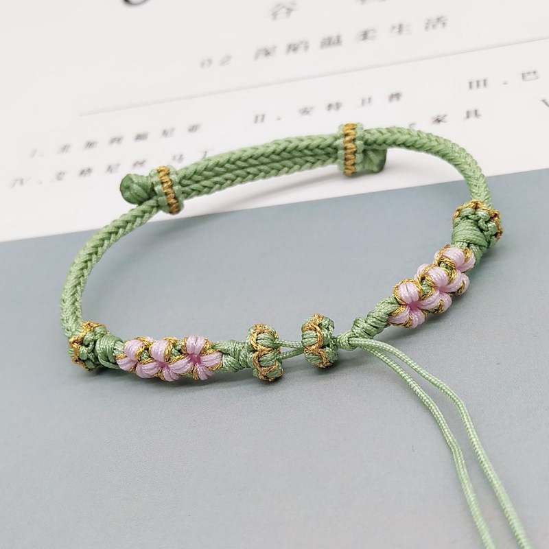 手工编织八股桃花结豆绿色手绳半成品可穿珠子吊坠diy饰品手链女