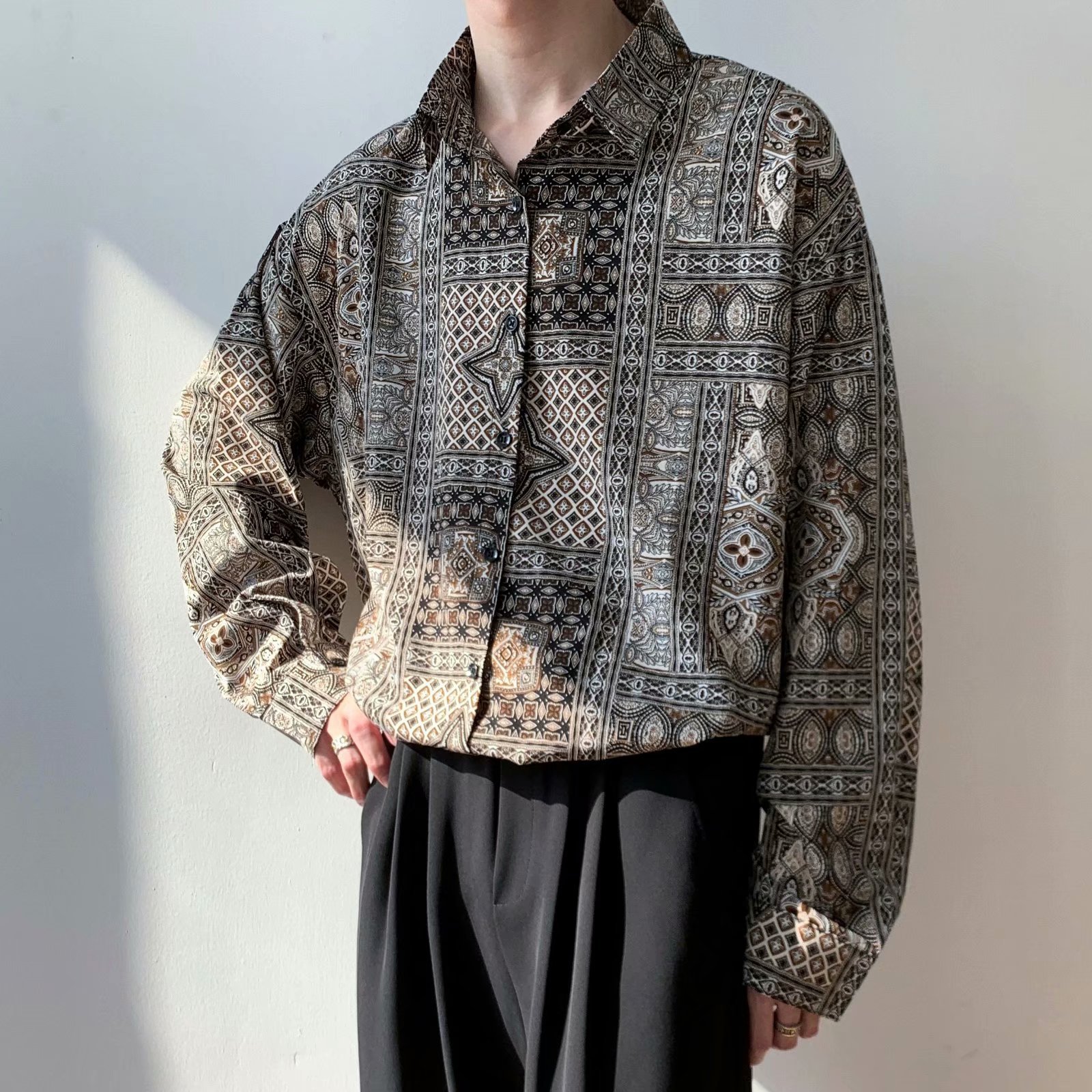 民族复古腰果花长袖衬衫男冰丝雪纺慵懒港风bf宽松垂坠感薄款衬衣