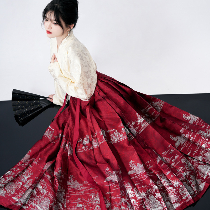 Adult Hanfu Woven Gold Woven Silver Precision Satin Black Imitation Snail Horse-Face Skirt Daily Commuting Hanfu Ming Spring and Autumn