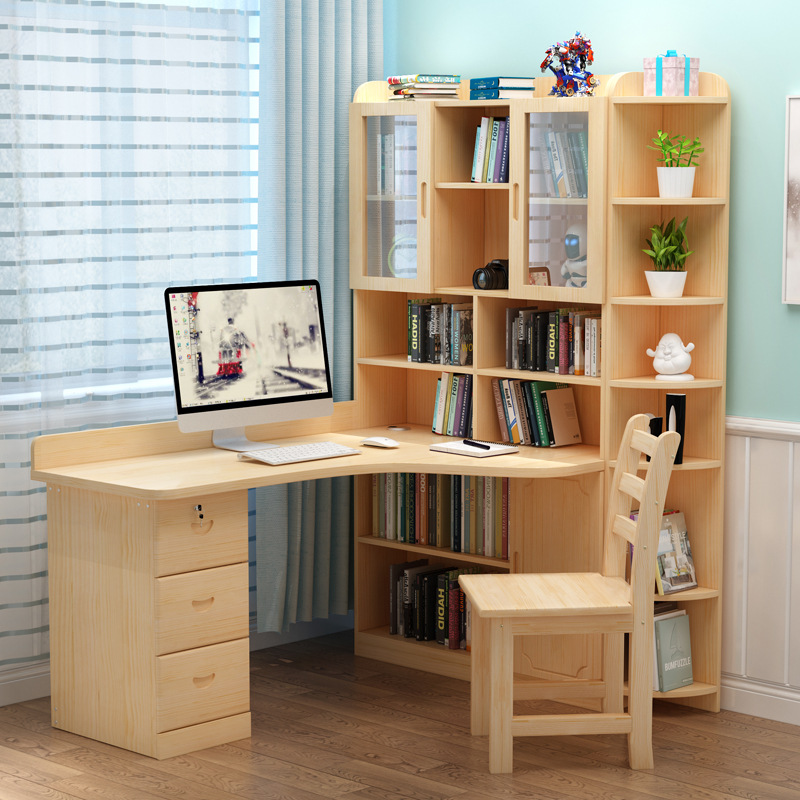 实木电脑桌转角书桌书架组合简约家用儿童学习写字桌卧室一体书柜