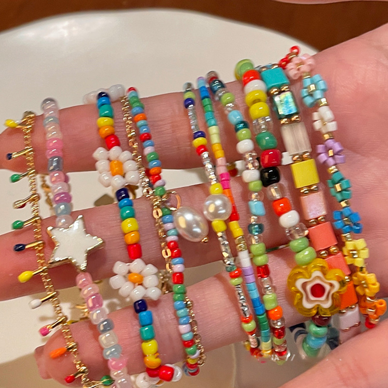 多巴胺清新彩珠花朵珍珠手链双层星星手串少女波西米亚串珠手环女