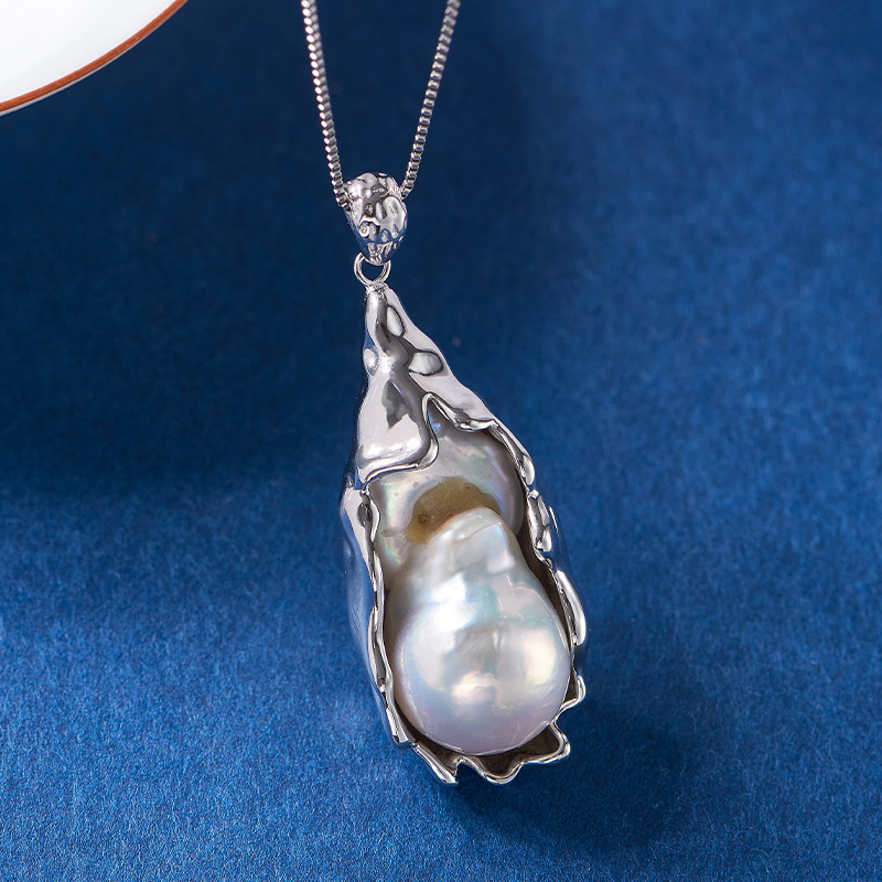 s925银凹凸面半包巴洛克珍珠吊坠轻奢小众个性设计不规则海螺项链