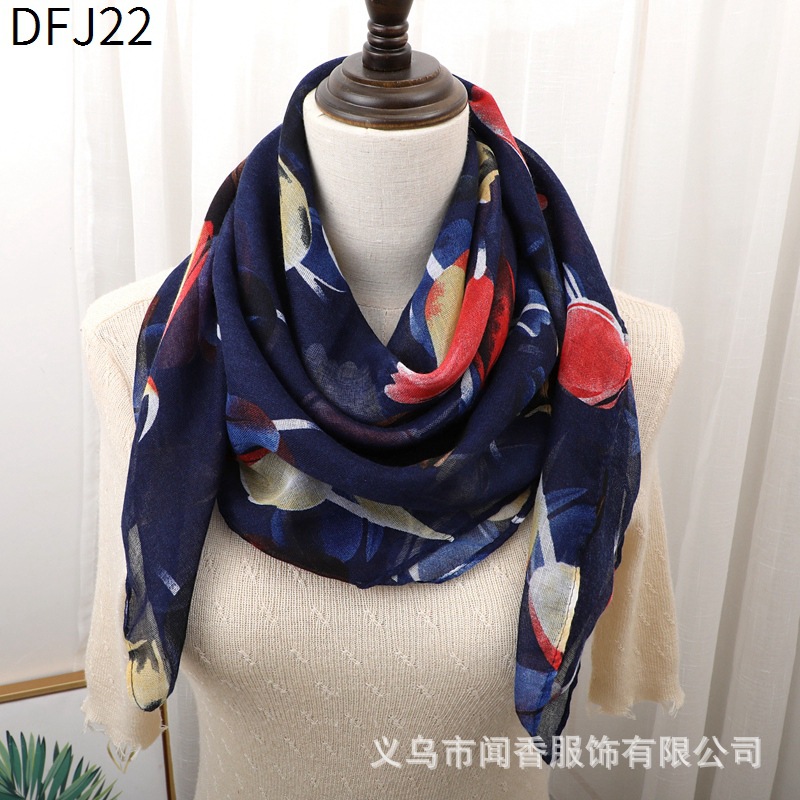 Women's Printed Scarf Retro Easy Matching 90 Large Kerchief Shawl Voile Cotton and Linen Warm Sunscreen Scarf Closed Toe Scarf