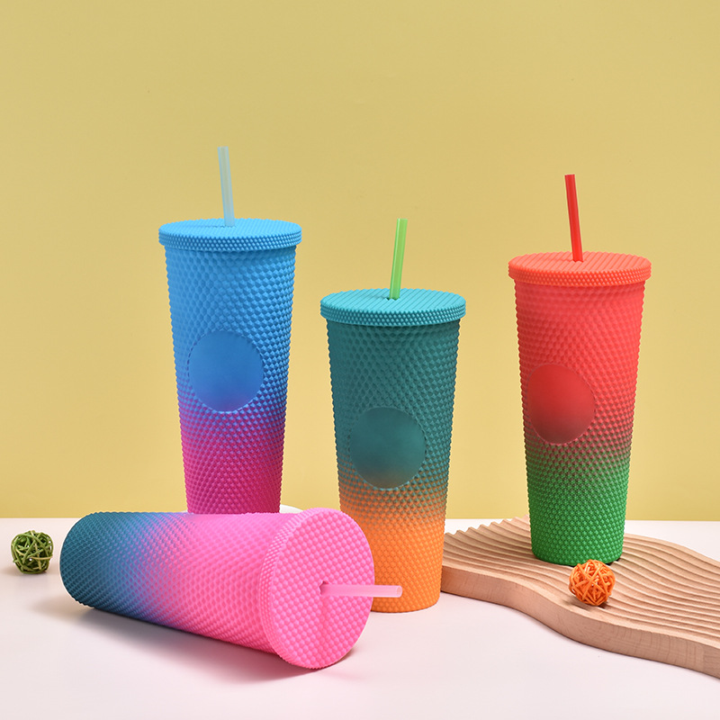 customized good-looking gradient plastic cup creative large capacity cup with straw portable double layer tie hand durian cup wholesale