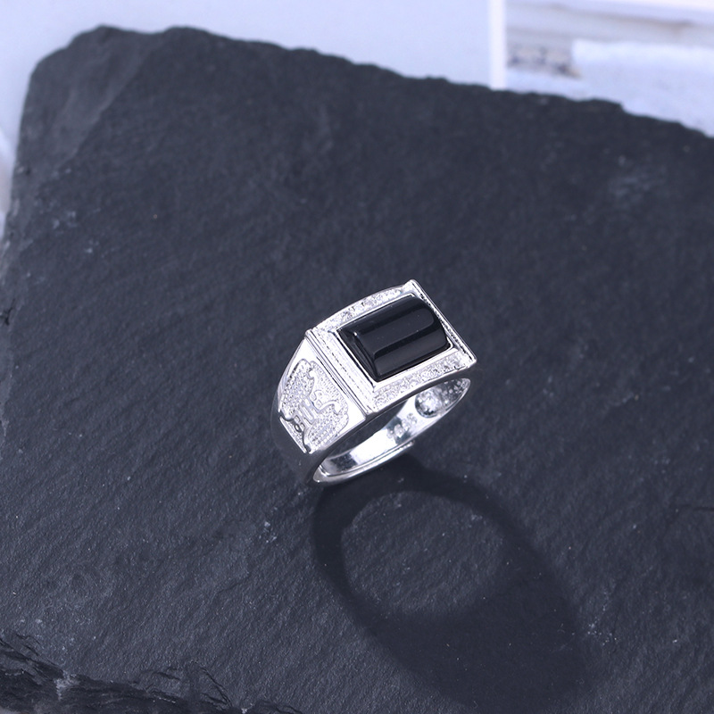 大叔黑曜石戒指男款时尚霸气大黑石商务戒简约潮流男士开口戒指