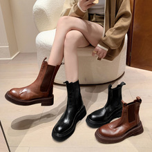 两种筒高质感牛皮网红烟筒靴2023秋冬新品粗中跟厚底切尔西单鞋女