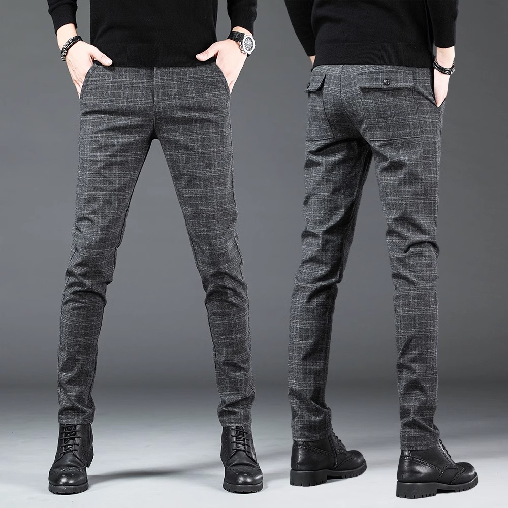 2024新款男士休闲裤格子小脚西裤修身商务潮流百搭灰色男款裤子男-阿