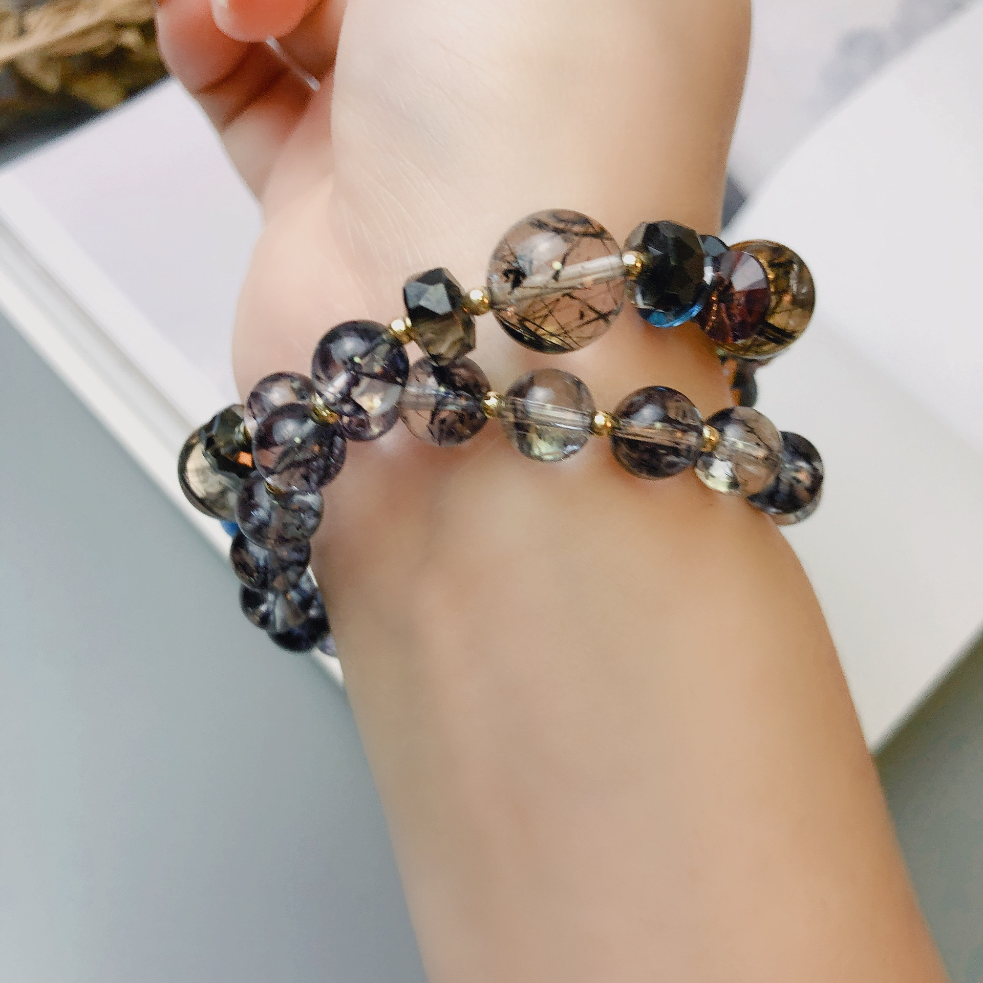 茶晶凤羽幽灵金发晶手链两圈奥地利水晶手串手工串珠饰品配饰首饰