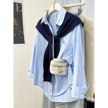 蓝色衬衫外套女春秋2024新款设计感小众小个子衬衣披肩两件套上衣
