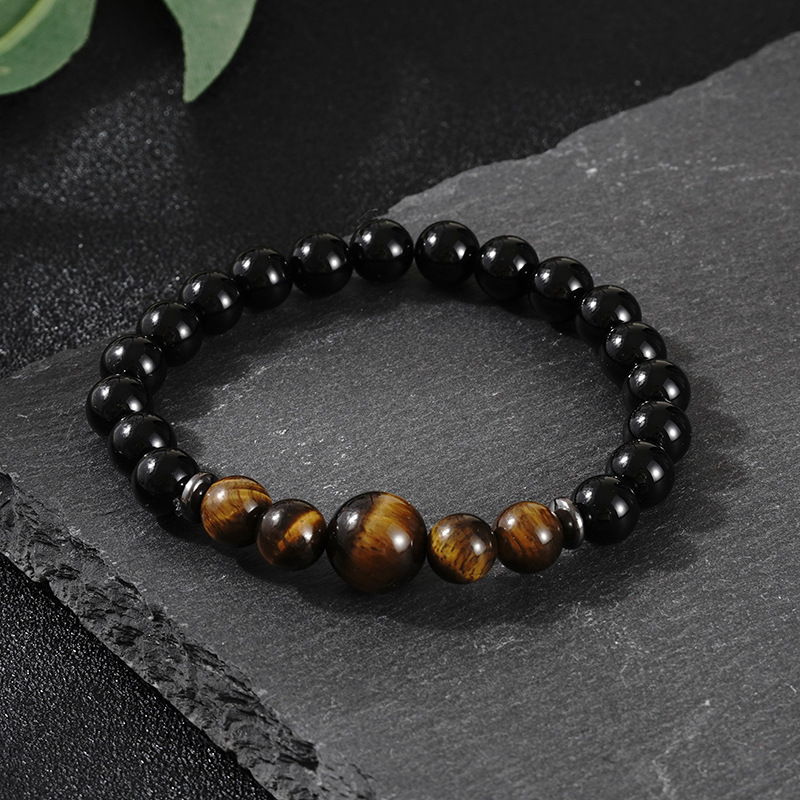 2022跨境速卖通虎眼石亮光黑曜石串珠男士霸气黑色经典情侣手链