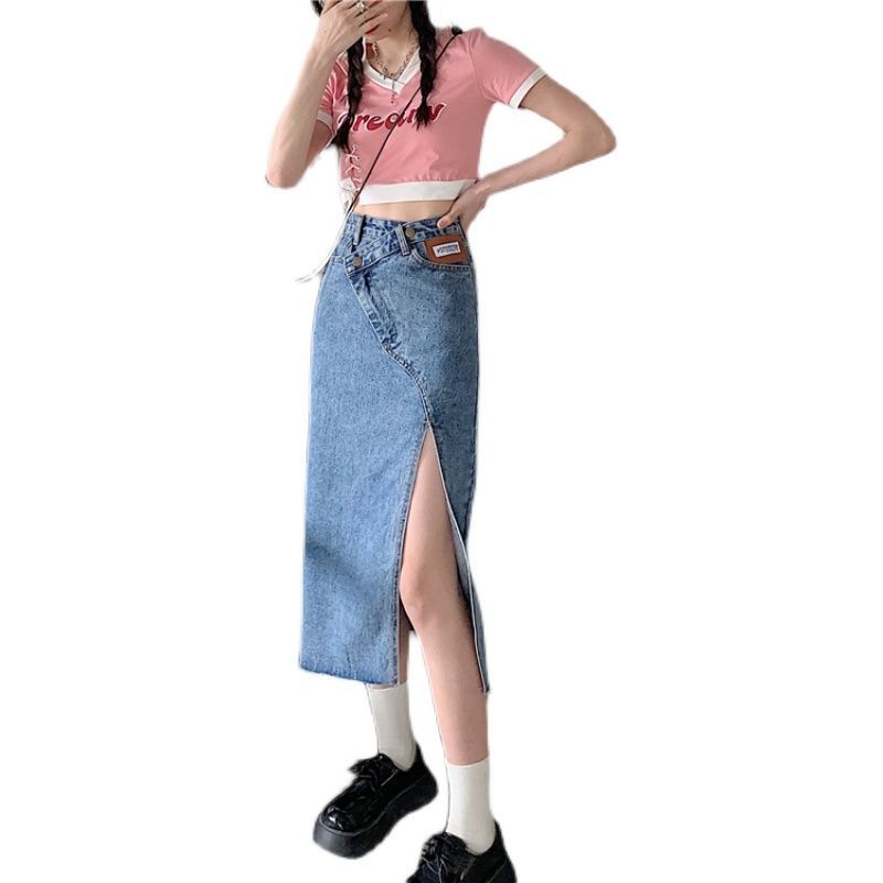 Denim Skirt Half-Length Slit Side Slit Denim Skirt Women's Summer Word Hot Girl Mid-Length Irregular Hip-Wrapped Dress