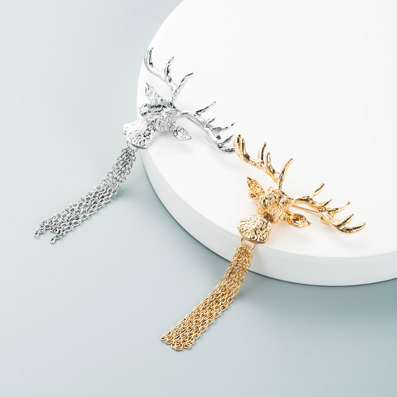 时尚简约新款热卖圣诞麋鹿合金鹿头流苏胸针潮流街拍百搭别针配饰