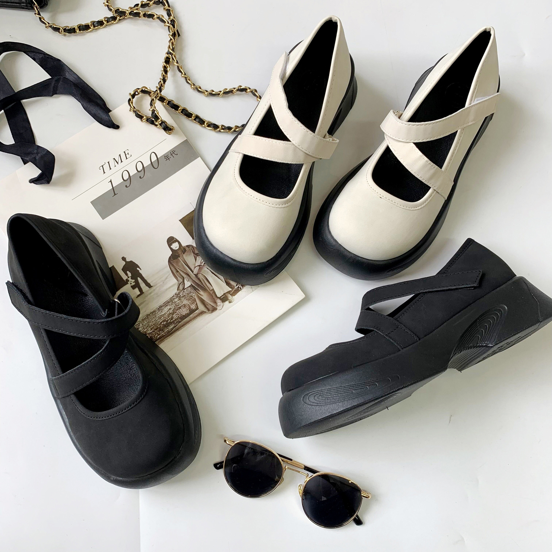 日系百搭厚底玛丽珍鞋女浅口单鞋圆头魔术贴小皮鞋