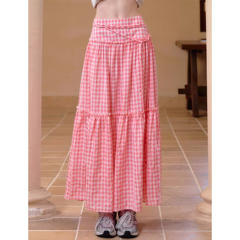 槿一 粉色格纹蓬蓬长裙 宽松显瘦设计感格子撞色中长款高腰半身裙