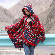 秋冬时尚保暖披肩女开叉斗篷流苏青海西藏旅游拍照民族风针织披风