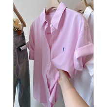 春夏粉色短袖衬衫女2024新款设计感小众衬衣气质休闲宽松百搭上衣