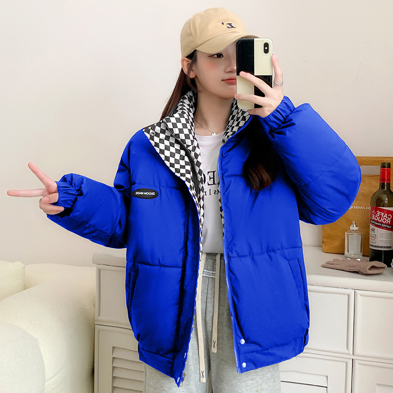 2023 Winter New Chessboard Plaid down Cotton-Padded Jacket Women's Loose BF Style Stand Collar Short Cotton Coat Cotton-Padded Jacket Thickened Puffer Jacket