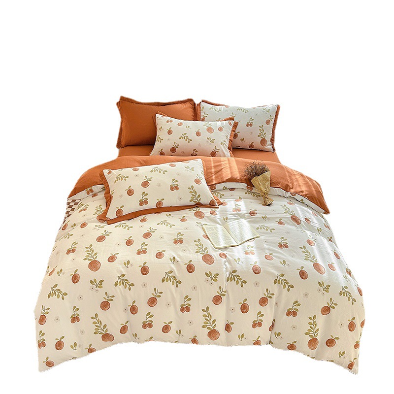 Class A Unprinted Washed Cotton Four-Piece Small Floral Cotton Linen Bed Sheet Quilt Cover Princess Style Dormitory Three-Piece Set Wholesale