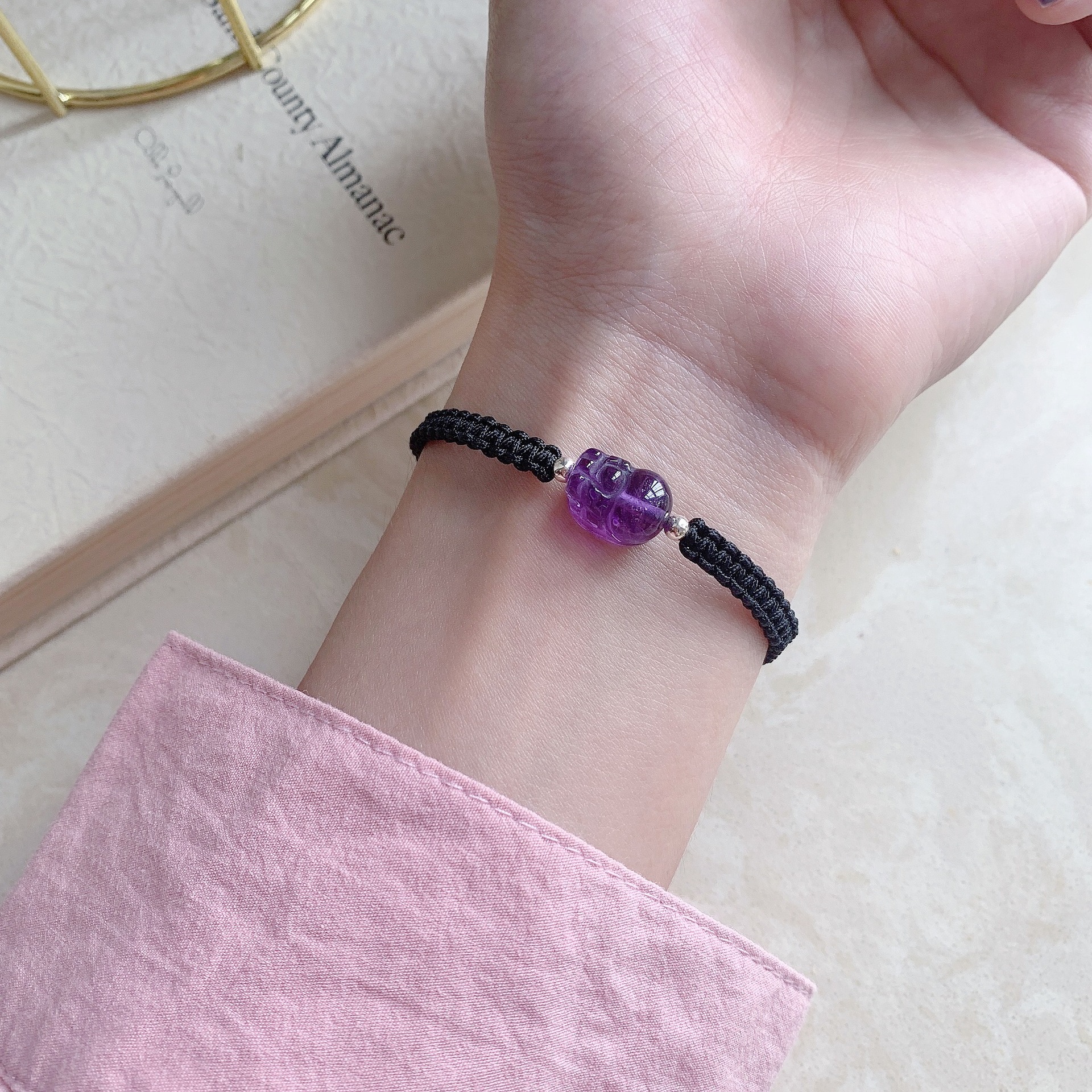 紫水晶貔貅手链女 天然乌拉圭紫水晶编绳 学生闺蜜手绳 s925银珠