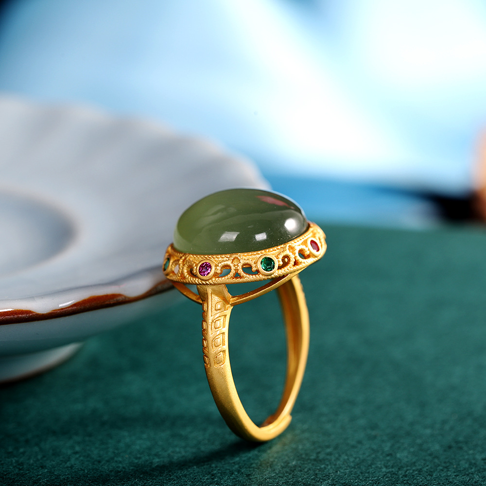 人品银品 s925银镶嵌 和田玉青玉几何戒指 时尚国风女式开口戒指