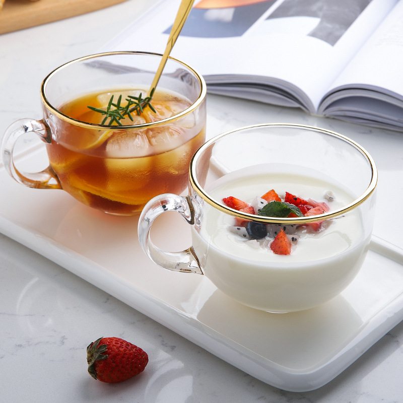 瑞腾早餐带把玻璃杯卡通手绘加厚牛奶杯奶茶麦片杯把手杯饮料杯