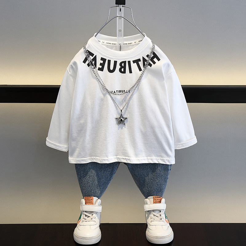 男童长袖白色t恤2023新款洋气宝宝春秋装衣服小儿童潮牌打底上衣