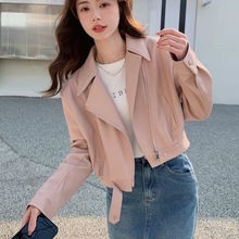 粉色短款皮衣外套女2023春季新款韩版小个子炸街时髦机车夹克上衣
