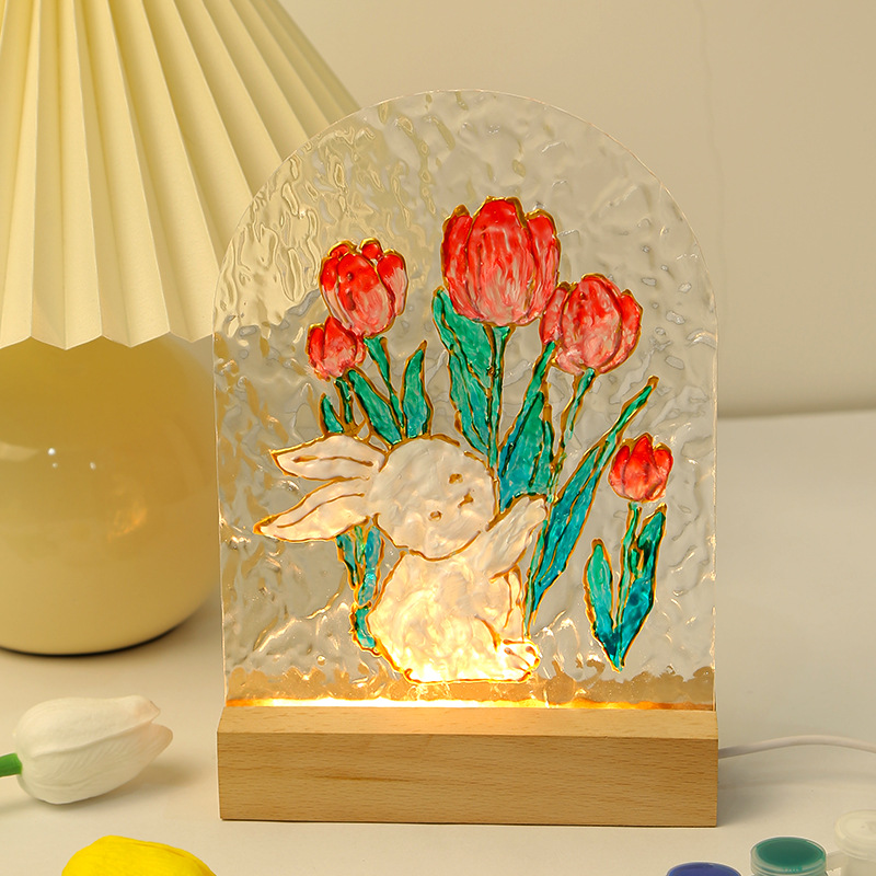 手绘水波纹玻璃画板diy涂鸦彩绘发光郁金香兔子小夜灯材料包摆件