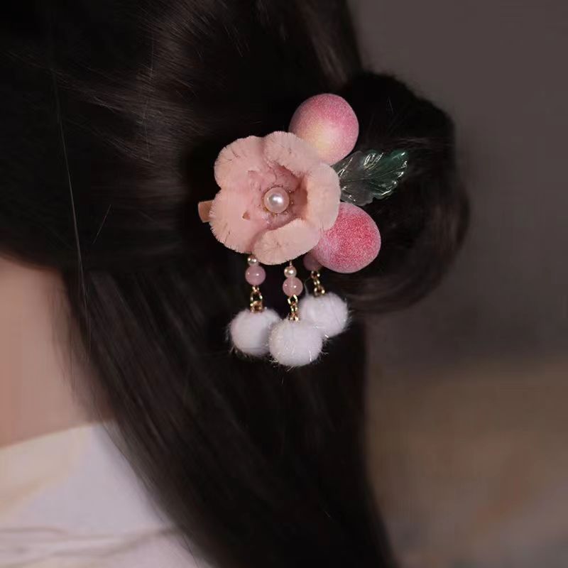 汉服绒花桃子发夹头饰少女可爱桃气毛绒对夹古风明制边夹配饰超仙