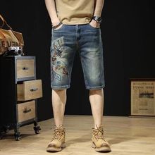 中国风刺绣牛仔短裤男士五分裤修身弹力复古马裤时尚个性潮流中裤