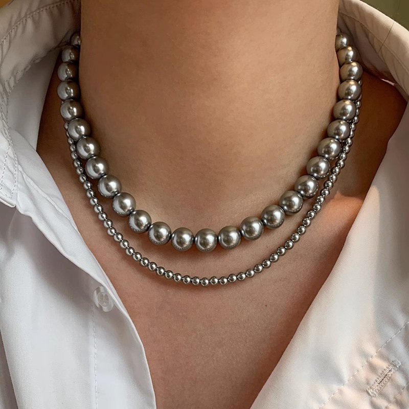 施家正品真多麻铂金银灰大溪地黑色珍珠项链女秋冬新款毛衣链颈链