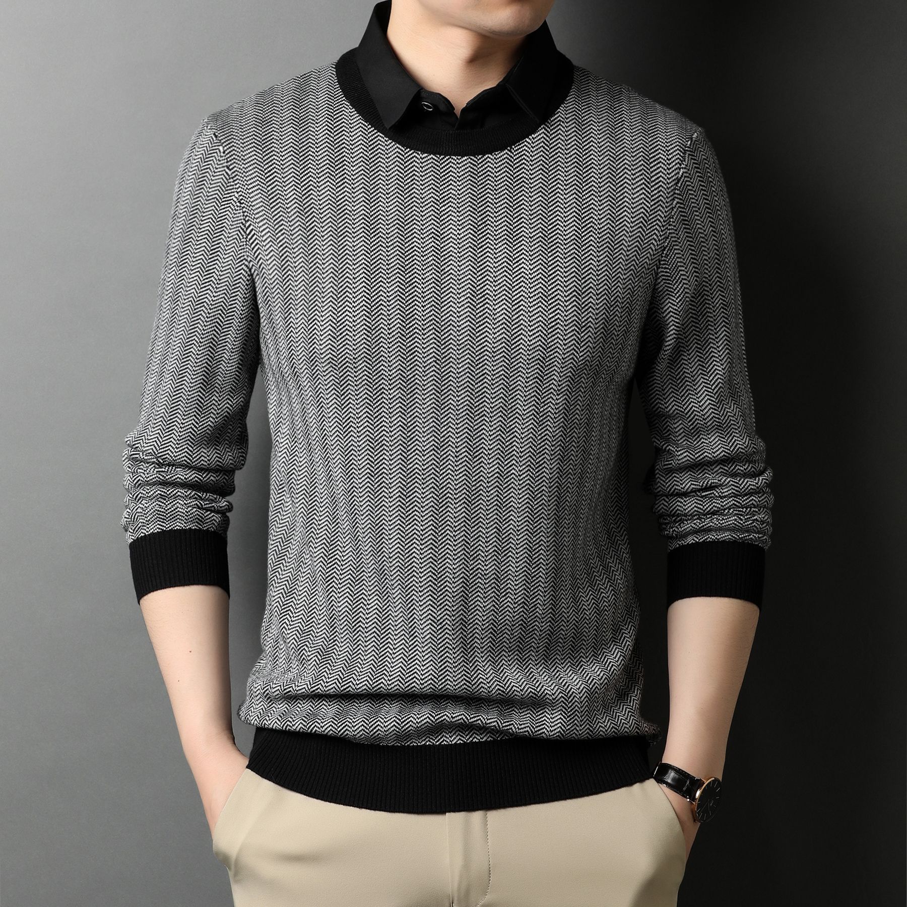 针织衫男2022冬季针织衫毛衫休闲韩版假两件条纹毛衣男tl-k1920