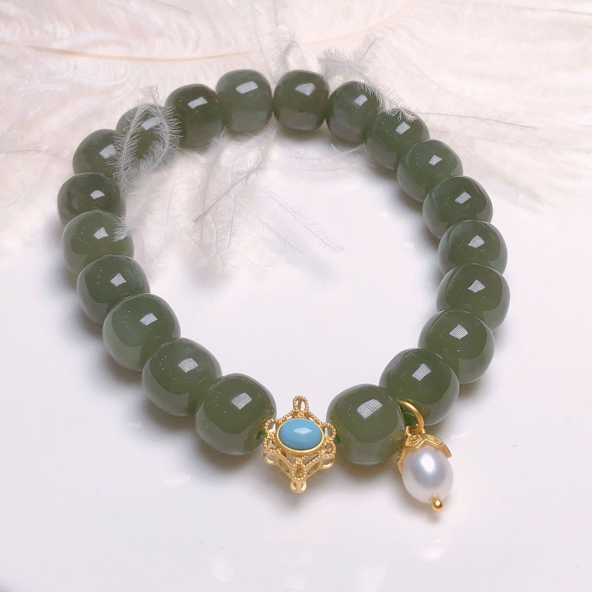 天然和田玉青玉手链女夏多宝玉石串珠手串饰品 s925纯银镀k金保色