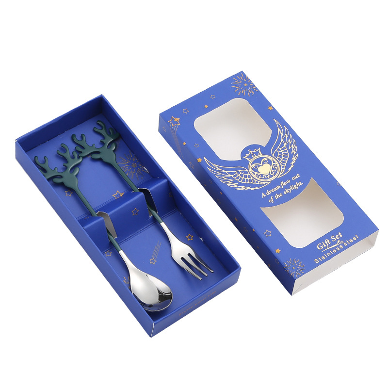 304 Stainless Steel Spoon Christmas Reindeer Spoon Fork Gift Set Spoon Fork Two-Piece Set Coffee Stir Spoon