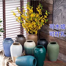 景德镇陶瓷花瓶摆件客厅插花落地感种花盆大复古陶罐装饰中式蓝色