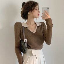 秋冬新款长袖针织打底衫女性感v领纯欲风内搭设计感小众别致上衣