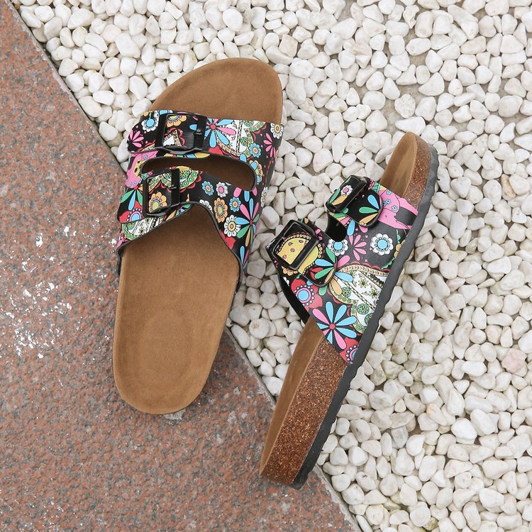 2024夏季上新软木博肯平底拖鞋复古印花沙滩搭扣凉鞋外贸大码女鞋