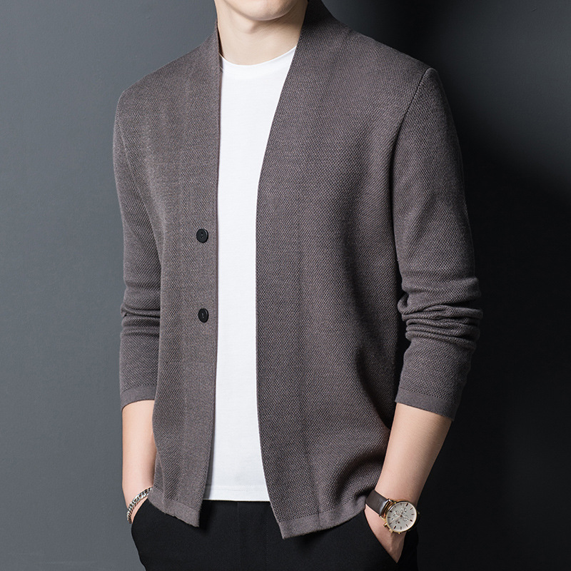 恒源祥 男士羊毛针织开衫 秋新款休闲商务韩版纯色外穿披肩毛衣