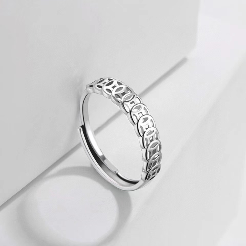 纯银s999 光面新潮钱币转远开口戒指 足银简约女款开口可调节对戒