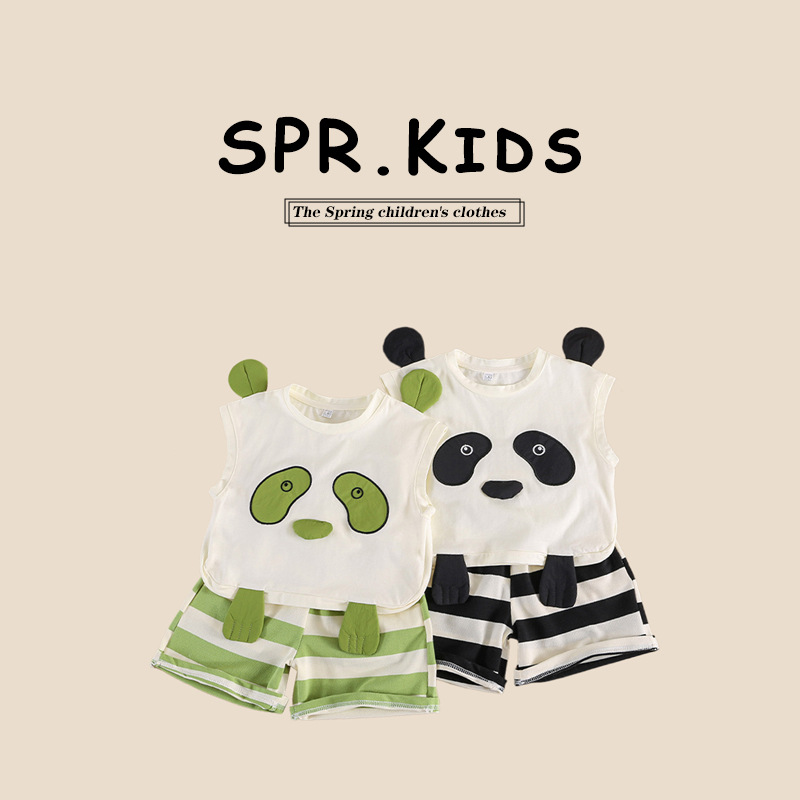 男童卡通熊猫背心短裤套装夏季新款儿童薄款透气两件套宝宝套装
