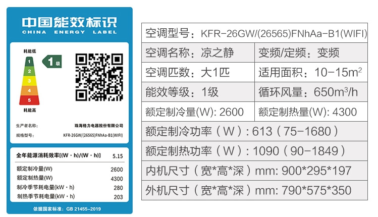 格力新能效凉之静 大1/1.5匹变频冷暖挂式空调一级26565,35565